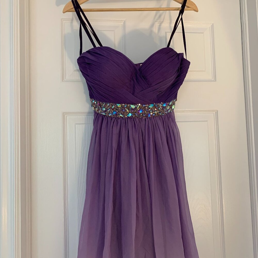 La Femme strapless short Chiffon Dress with Ruched Detail and Embellishment
